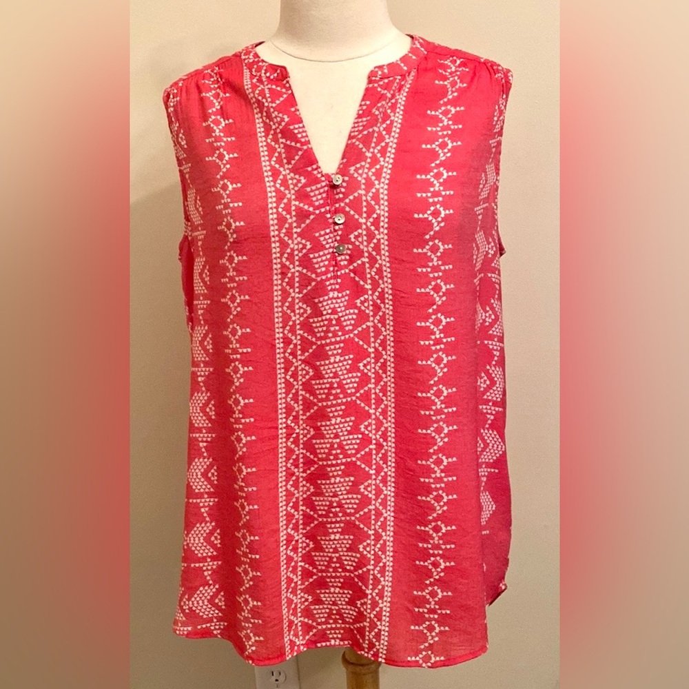 St. John’s Bay Pink Coral White Geometric SZ XL Coastal Grandma Preppy Boho Top